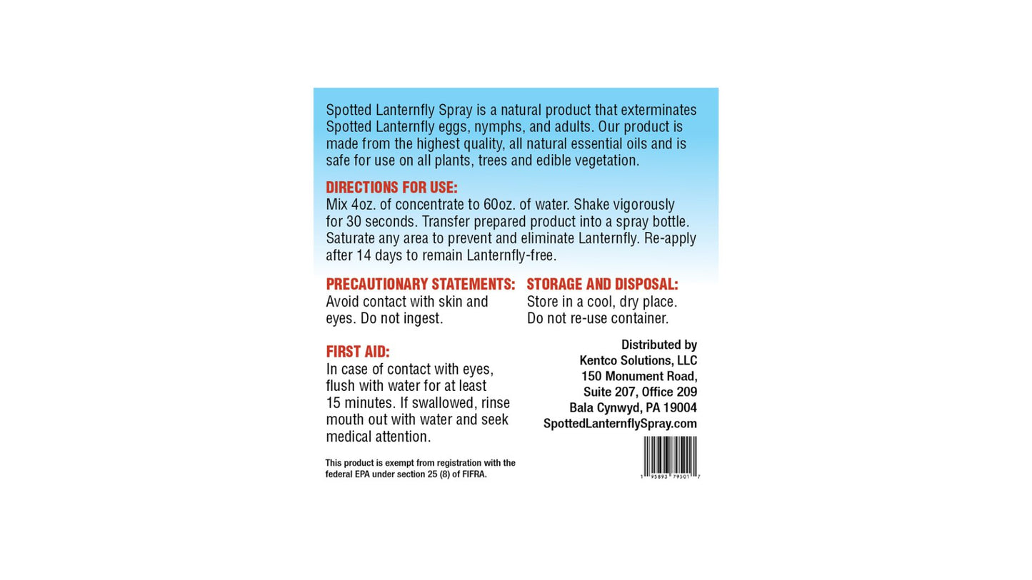 20 oz concentrate makes 5 gallons of Spotted Lanternfly Spray